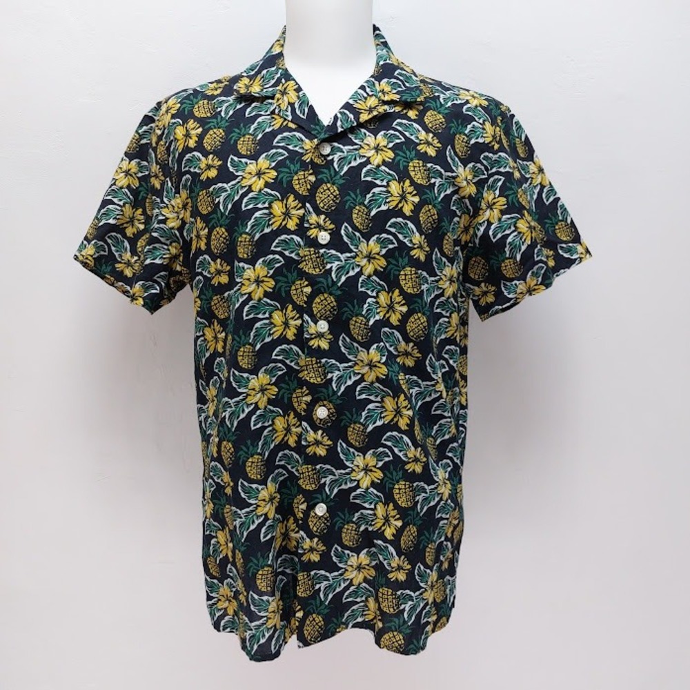 Banana Republic Button Down Men's Pineapple Large Navy Linen Slim Fit Shirt Vaca